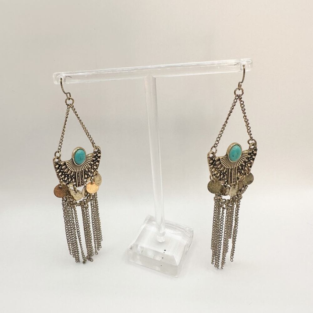 Western Blue Gold tone Turquoise Dangle Chandelier Statement Earrings Boho - Picture 2 of 9
